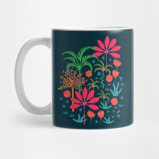 DREAM Bohemian Tropical Paradise Palm Trees Exotic Floral Botanical Plants with Cute Snake in Bright Red Green Blue Orange Yellow on Dark Blue - UnBlink Studio by Jackie Tahara Mug